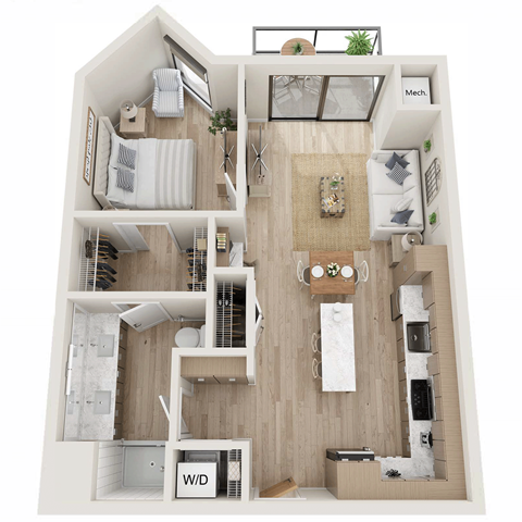 Floor plan for 1 bed, 1 bath, 728 sqft